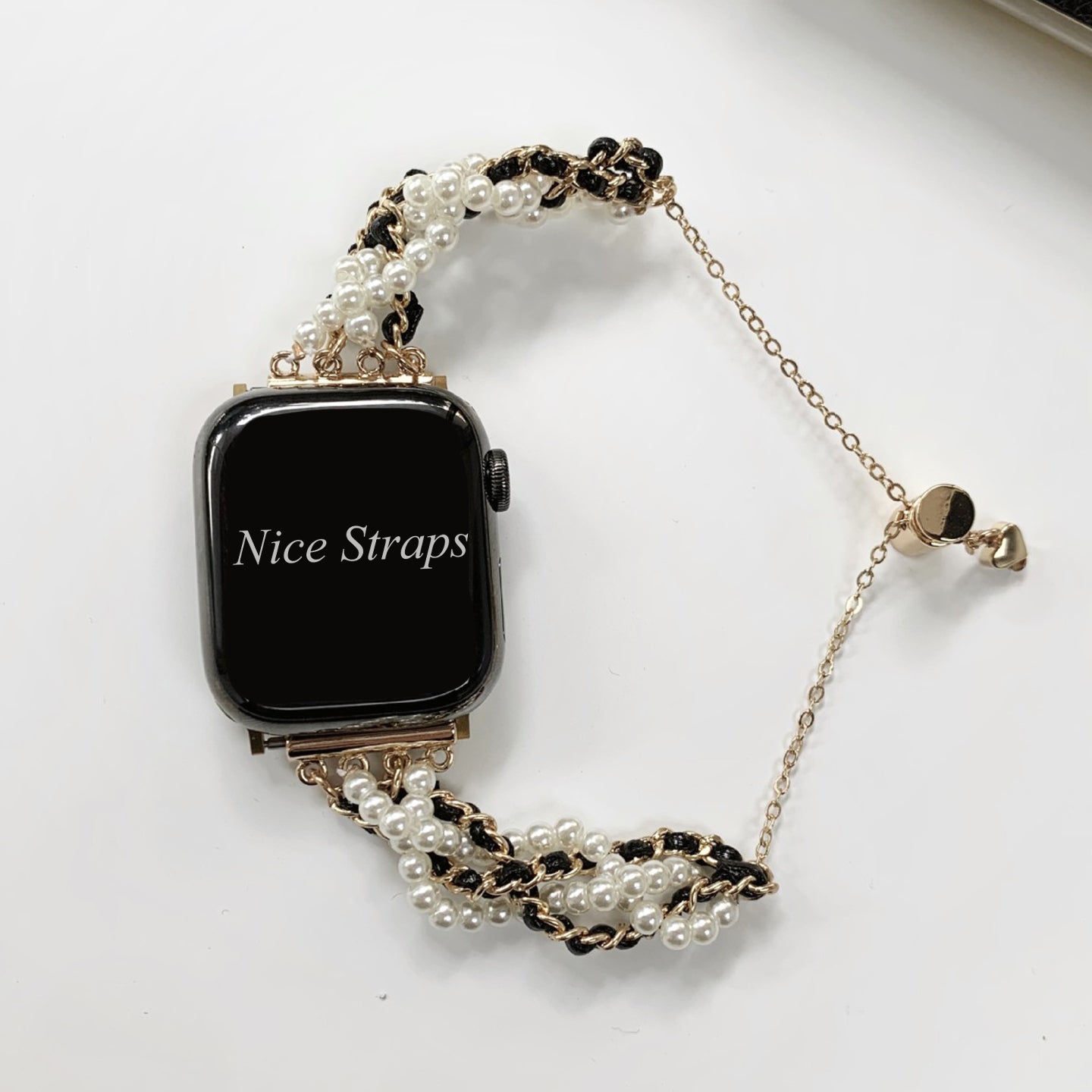 Chanel-Style Black And Gold Pearl Watch Chain Strap