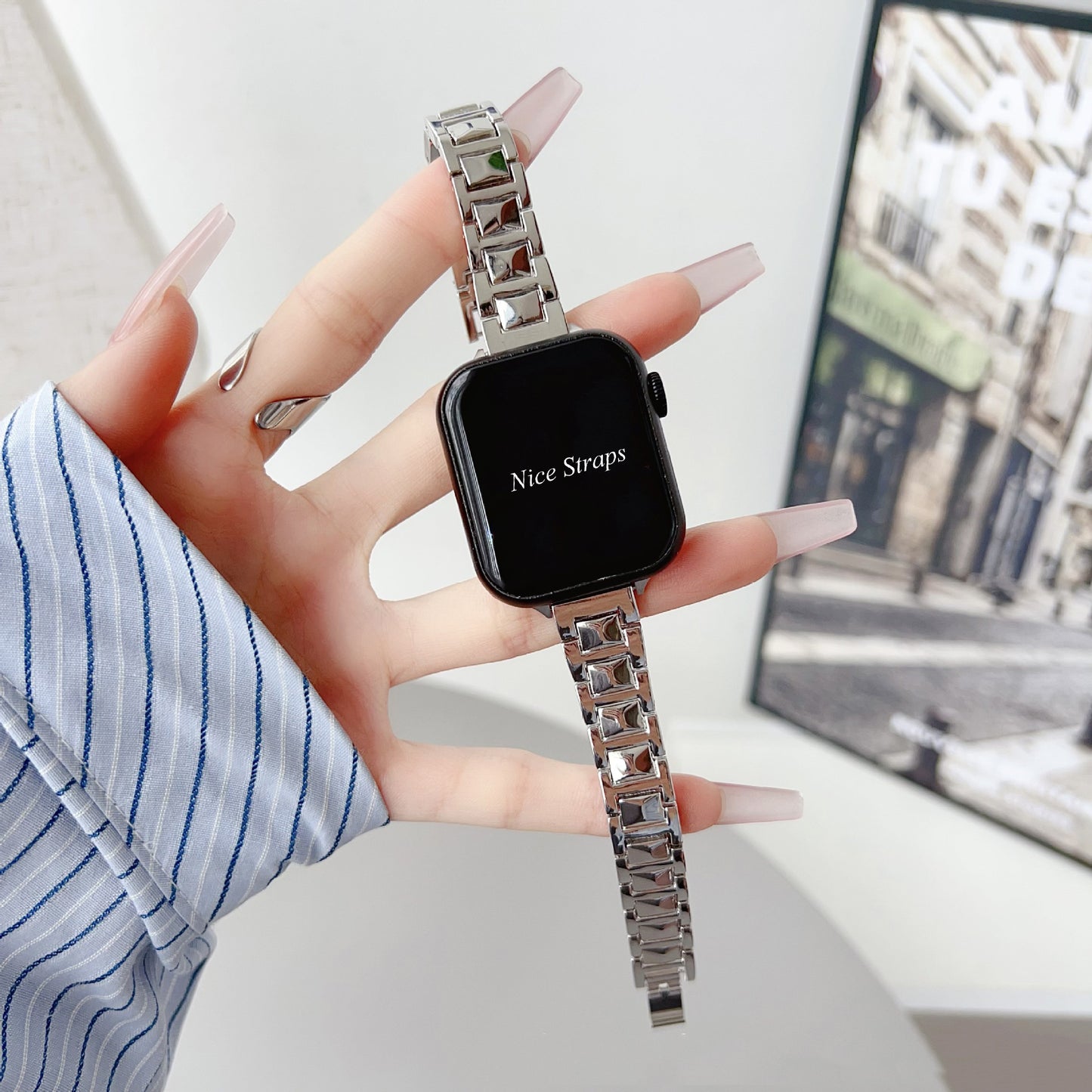 Thin Triple-Bead Square Link Metal Watch Band