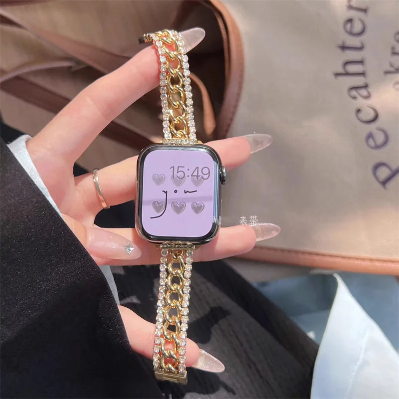 Slim single row alloy diamond metal chain strap