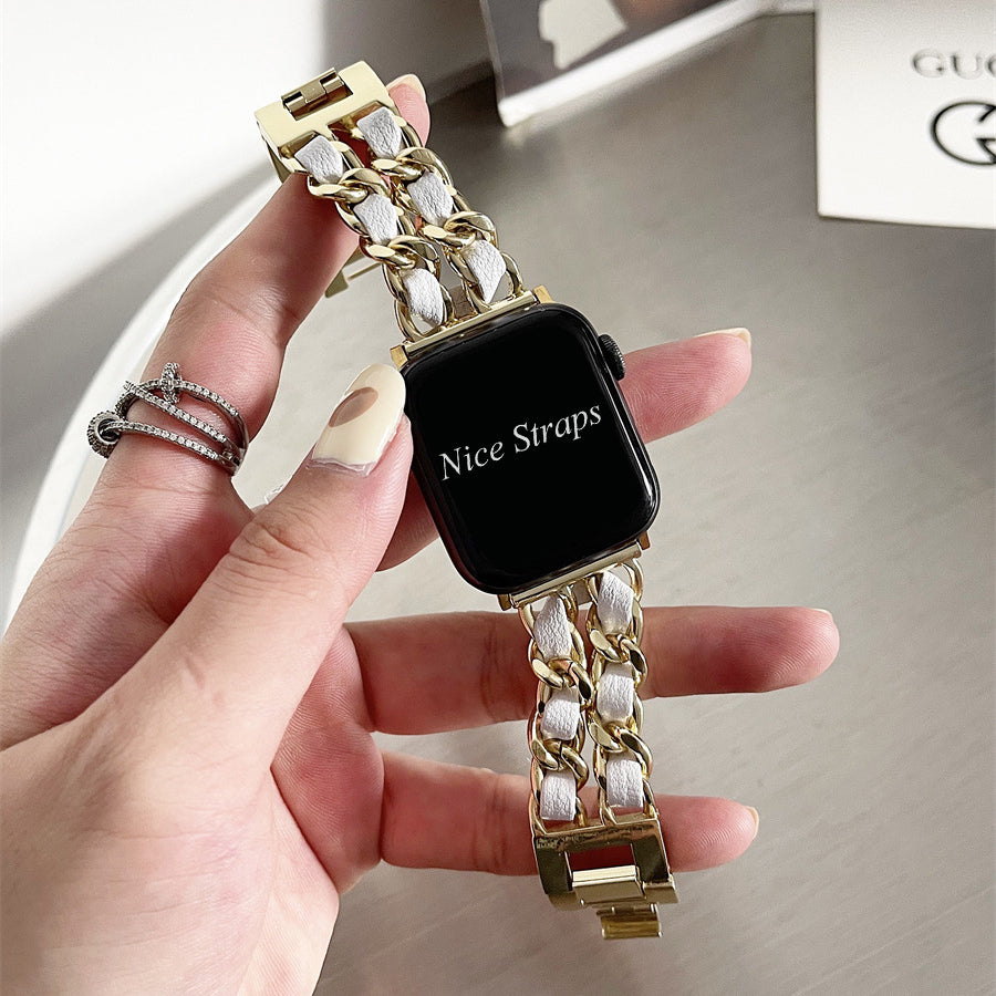 Luxury Stainless Steel Cowboy Chain+Leather Apple Watch Strap
