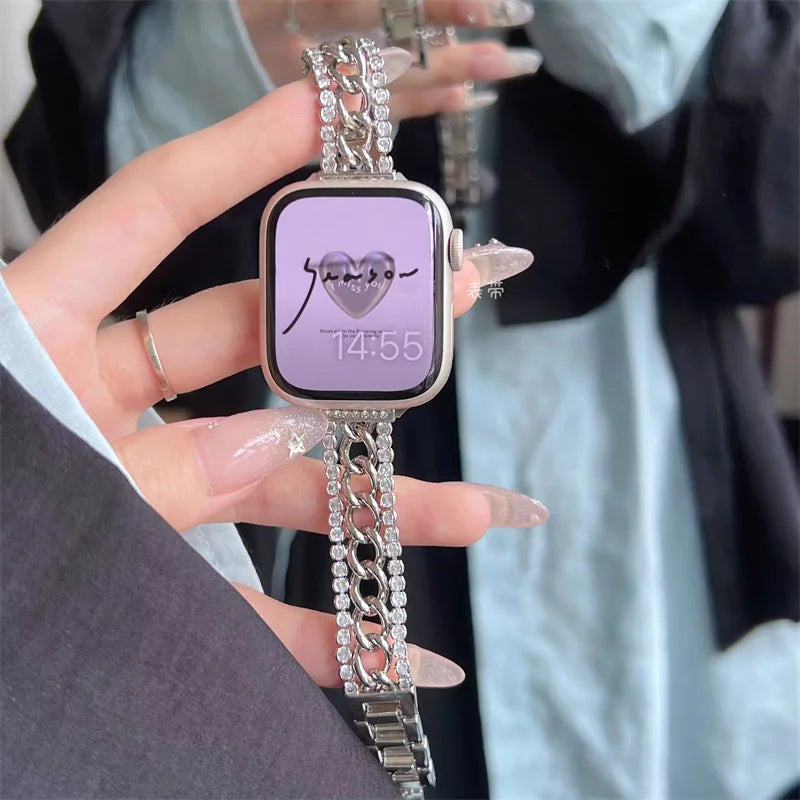 Slim single row alloy diamond metal chain strap