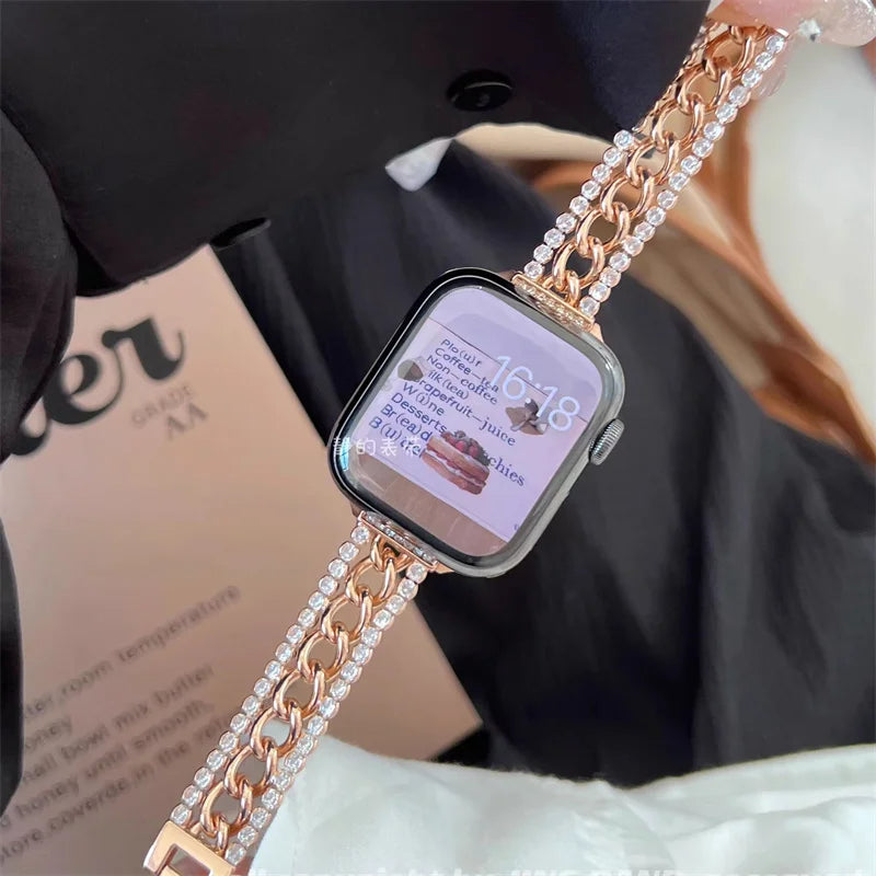 Slim single row alloy diamond metal chain strap