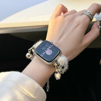 Unique Furry Metal Band with Pearl stars Embellished for Women Compatible for iWatch SE Series 9 8 7 6 5 4 3 2 1