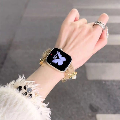 Unique Furry Metal Band with Pearl stars Embellished for Women Compatible for iWatch SE Series 9 8 7 6 5 4 3 2 1