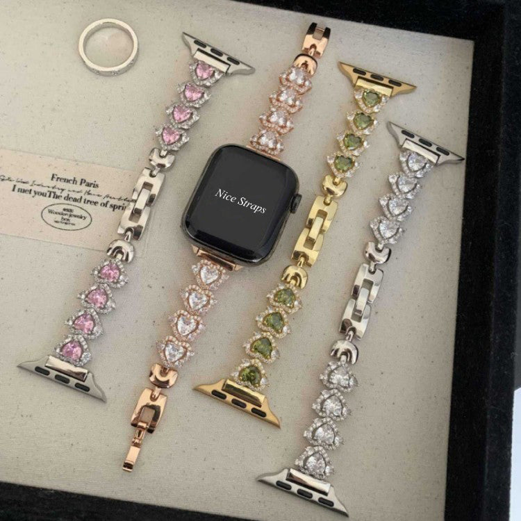 Zircon Heart-Shaped Metal Strap for Apple Watch Series 10 9 8 7 6 SE