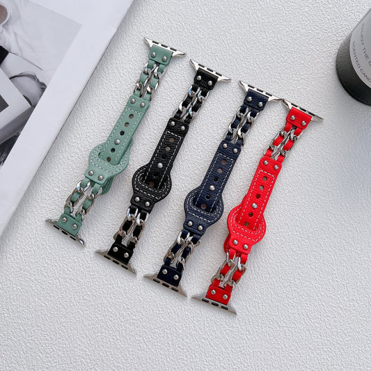 Metal Stainless Steel Denim Chain Bracelet Leather Strap For Apple Watch Band 38 40 41 42 44 45 Mm For Iwatch Se Series 7 6 5