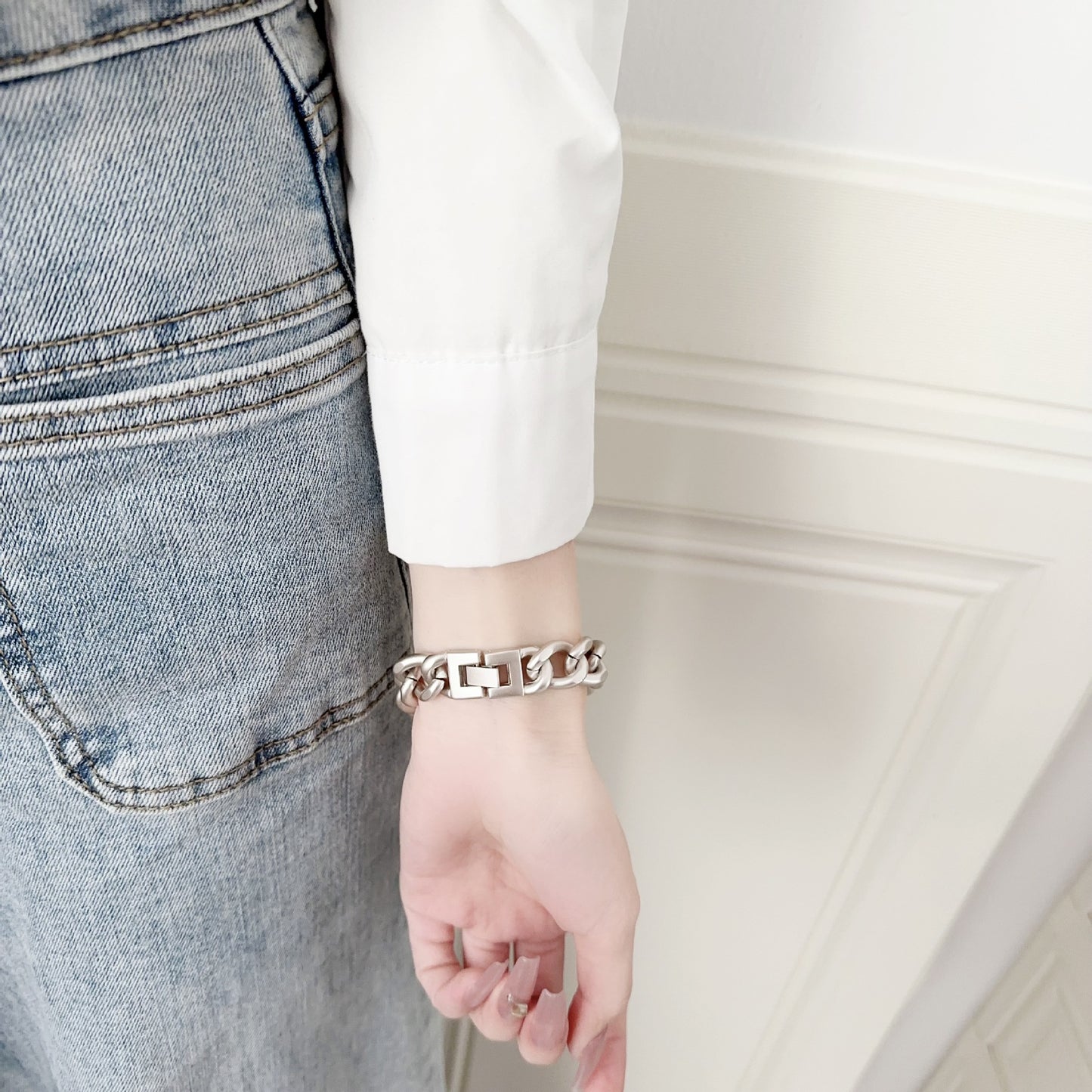 Slim Single Row Denim Chain Metal Watch Band
