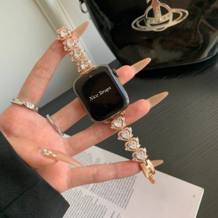 Zircon Heart-Shaped Metal Strap for Apple Watch Series 10 9 8 7 6 SE