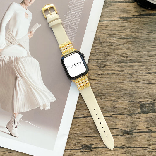 Top-Grain Leather & Pearl Watch Band