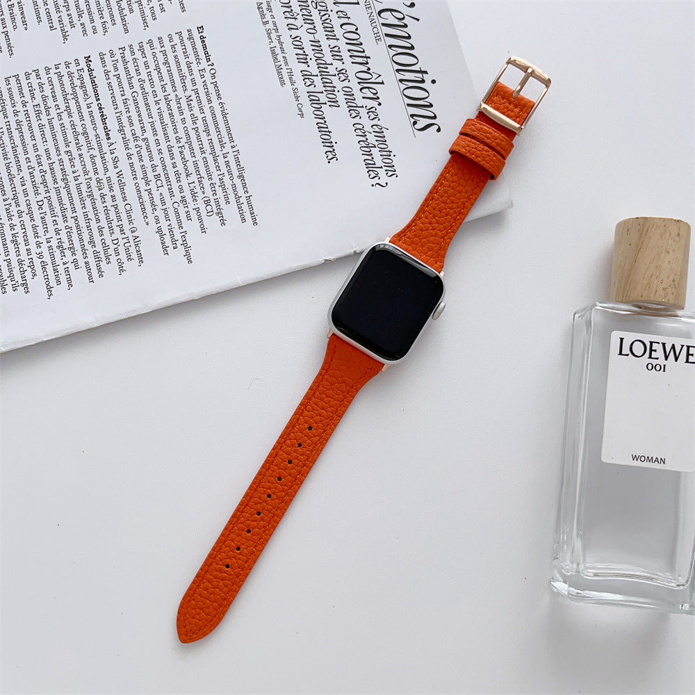 Lychee Pattern Leather Watch Strap For Apple Watch Ultra 49mm Band For Iwatch Se Series 8 7 41mm 45mm Wristband