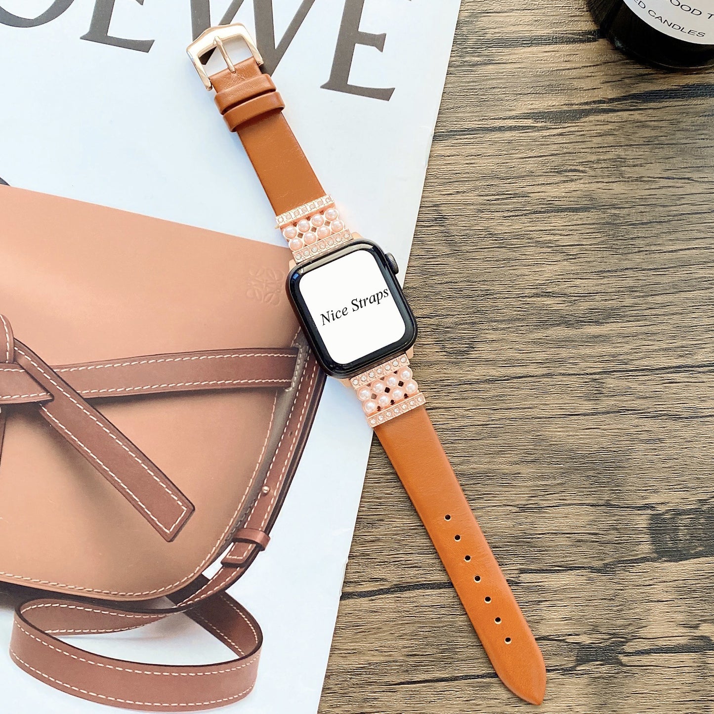 Top-Grain Leather & Pearl Watch Band