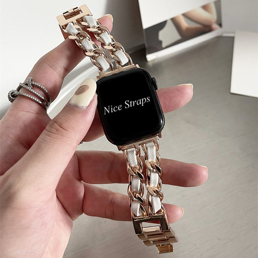 Luxury Stainless Steel Cowboy Chain+Leather Apple Watch Strap