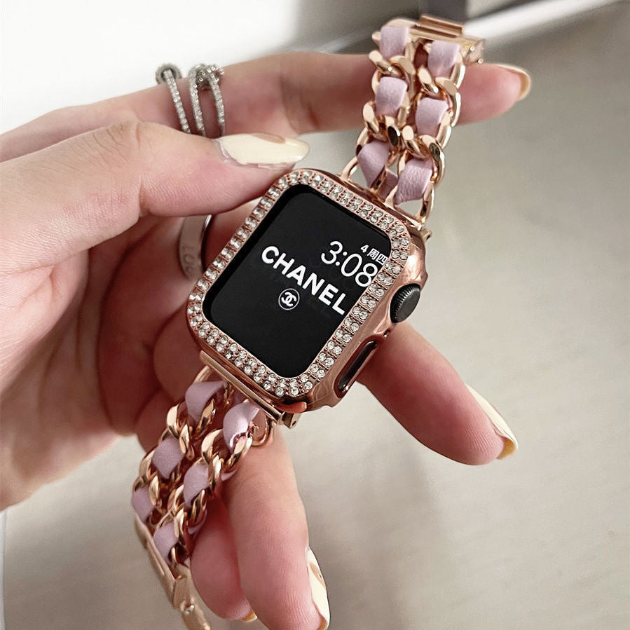 Luxury Stainless Steel Cowboy Chain+Leather Apple Watch Strap