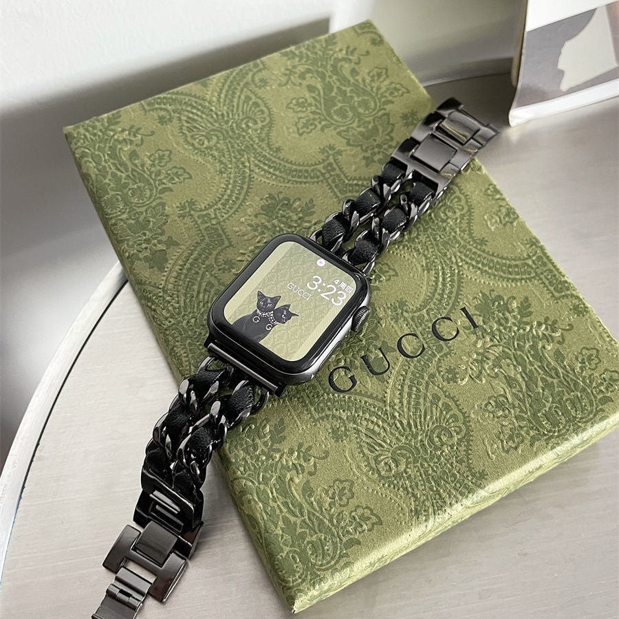 Luxury Stainless Steel Cowboy Chain+Leather Apple Watch Strap