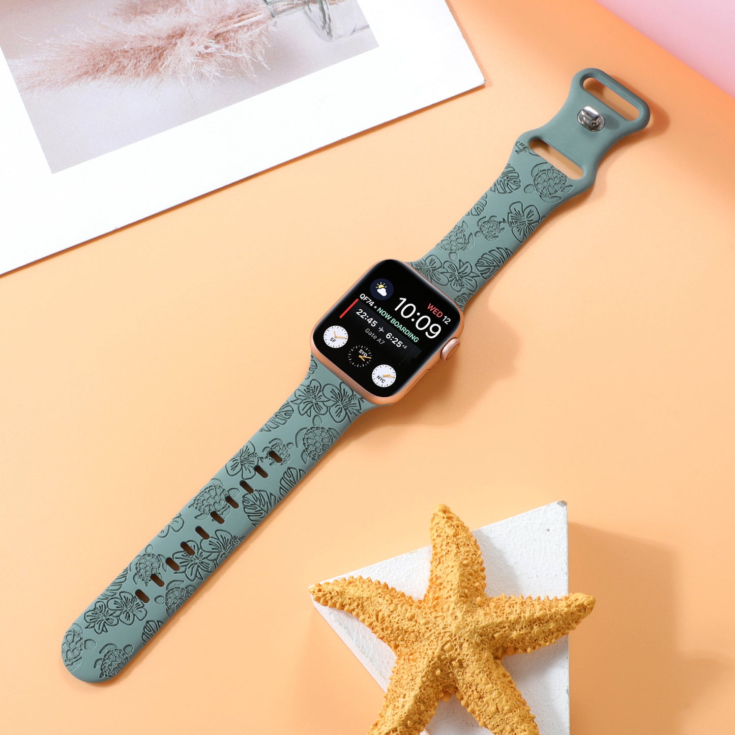 Turtle Flower Engraved Silicone Apple Watch Strap