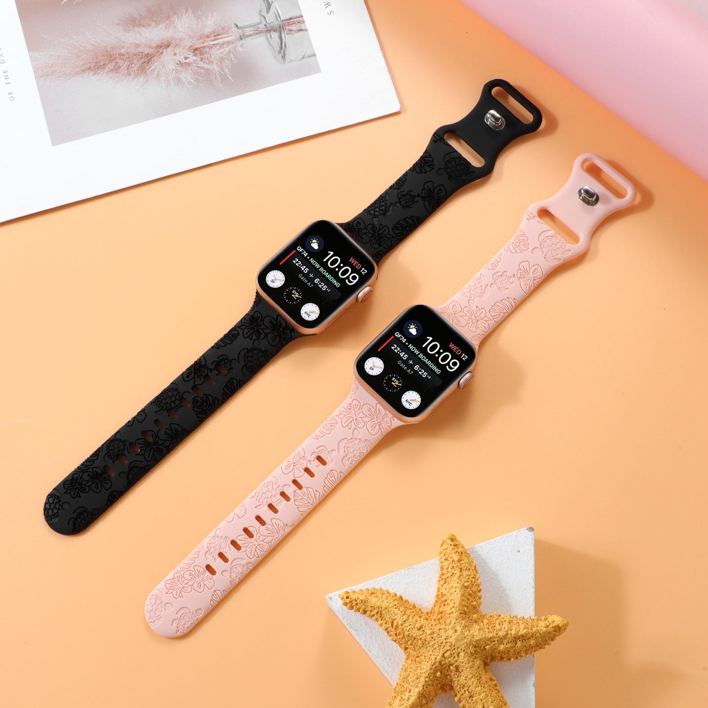 Turtle Flower Engraved Silicone Apple Watch Strap