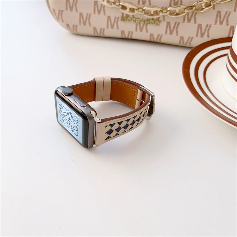 Woven Checker Pattern Genuine Leather Watch Strap For Apple Watch Band 38 40 41 42 44 45 Mm For Iwatch Series 8 7 6 Wristband