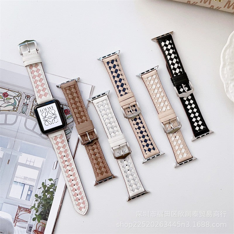 Woven Checker Pattern Genuine Leather Watch Strap For Apple Watch Band 38 40 41 42 44 45 Mm For Iwatch Series 8 7 6 Wristband