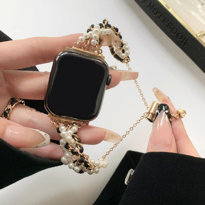 Chanel-Style Black And Gold Pearl Watch Chain Strap