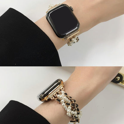 Chanel-Style Black And Gold Pearl Watch Chain Strap