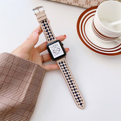 Woven Checker Pattern Genuine Leather Watch Strap For Apple Watch Band 38 40 41 42 44 45 Mm For Iwatch Series 8 7 6 Wristband