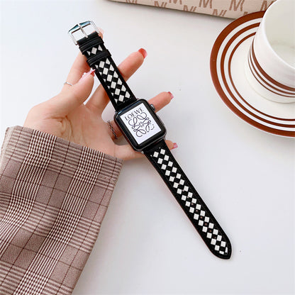 Woven Checker Pattern Genuine Leather Watch Strap For Apple Watch Band 38 40 41 42 44 45 Mm For Iwatch Series 8 7 6 Wristband