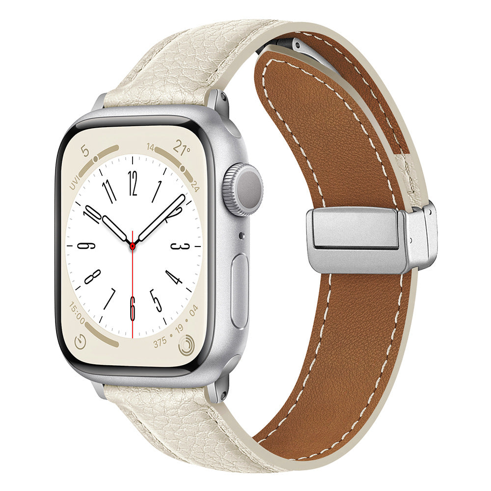 Magnetic Folding Buckle Genuine Leather Watch Strap For Apple Watch Band 38 40 41 42 44 45 49 Mm For Iwatch Se Series Ultra 8 7