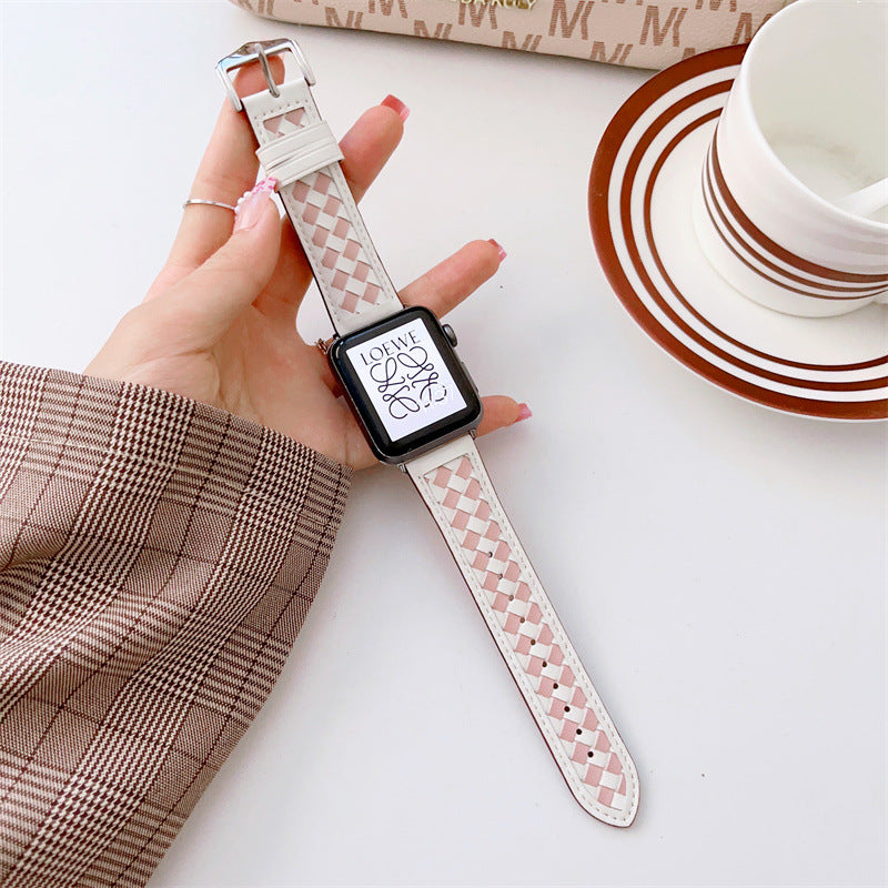 Woven Checker Pattern Genuine Leather Watch Strap For Apple Watch Band 38 40 41 42 44 45 Mm For Iwatch Series 8 7 6 Wristband