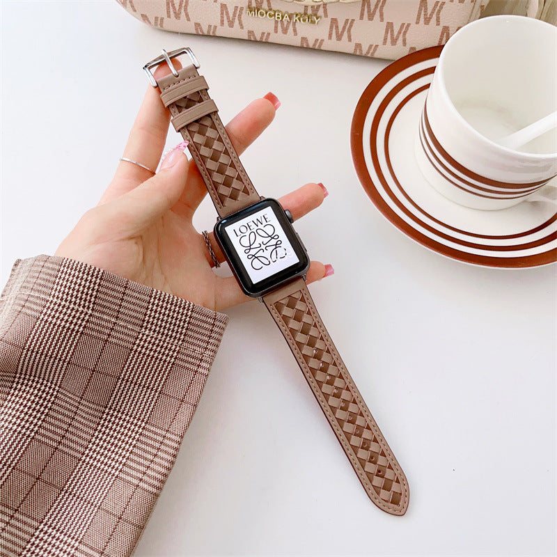 Woven Checker Pattern Genuine Leather Watch Strap For Apple Watch Band 38 40 41 42 44 45 Mm For Iwatch Series 8 7 6 Wristband