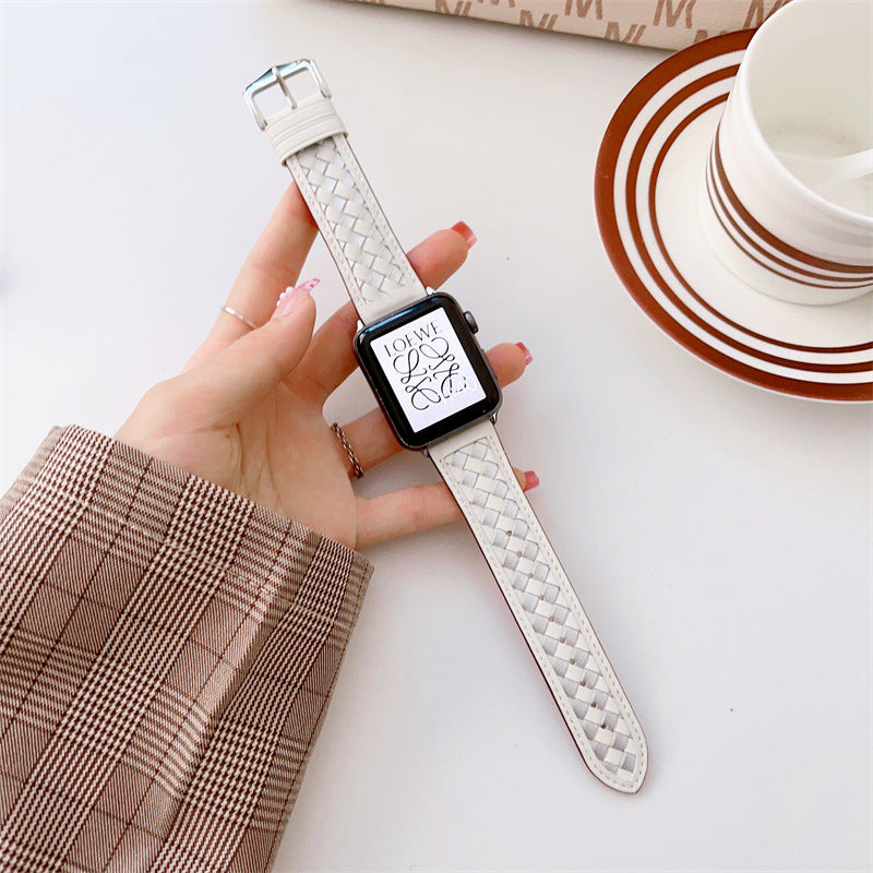 Woven Checker Pattern Genuine Leather Watch Strap For Apple Watch Band 38 40 41 42 44 45 Mm For Iwatch Series 8 7 6 Wristband