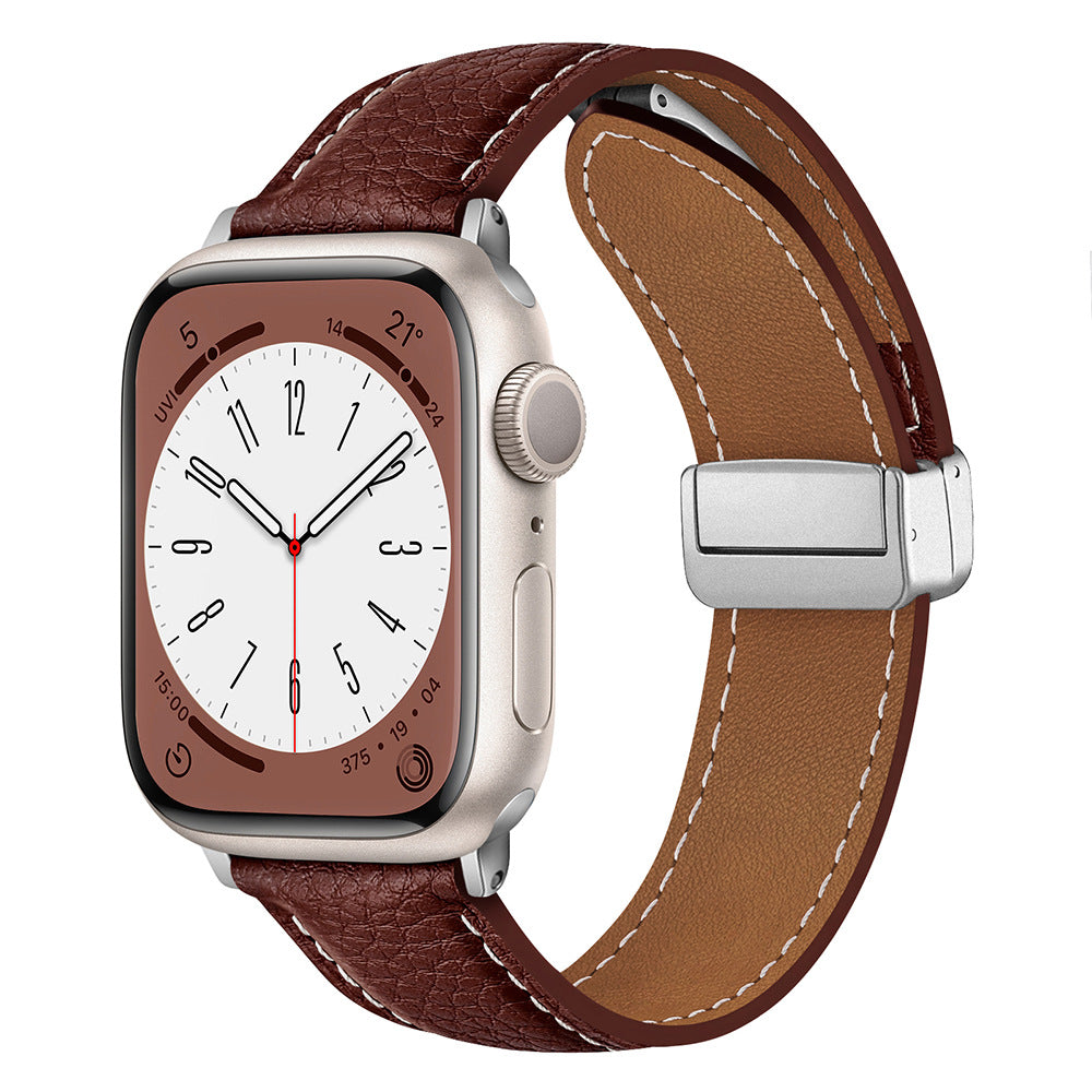 Magnetic Folding Buckle Genuine Leather Watch Strap For Apple Watch Band 38 40 41 42 44 45 49 Mm For Iwatch Se Series Ultra 8 7