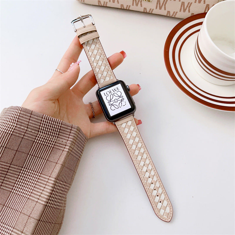 Woven Checker Pattern Genuine Leather Watch Strap For Apple Watch Band 38 40 41 42 44 45 Mm For Iwatch Series 8 7 6 Wristband