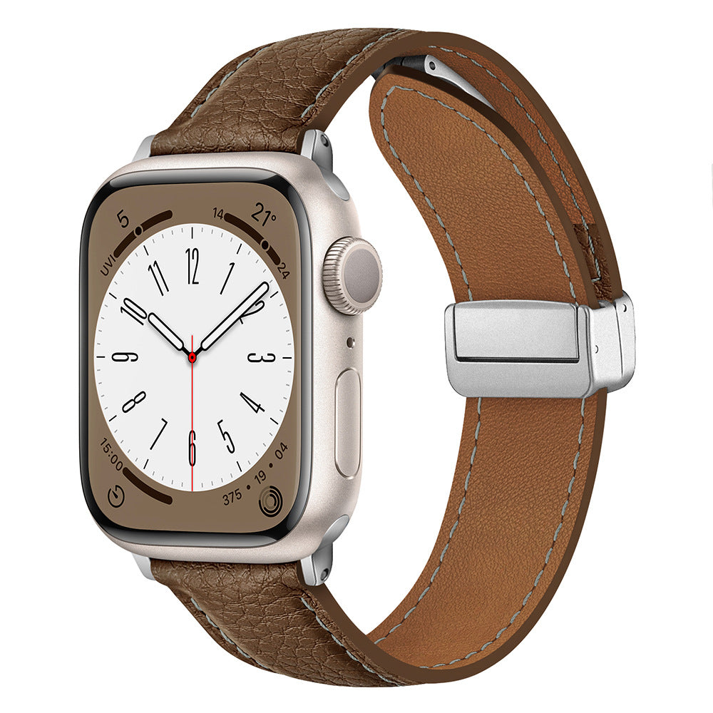 Magnetic Folding Buckle Genuine Leather Watch Strap For Apple Watch Band 38 40 41 42 44 45 49 Mm For Iwatch Se Series Ultra 8 7