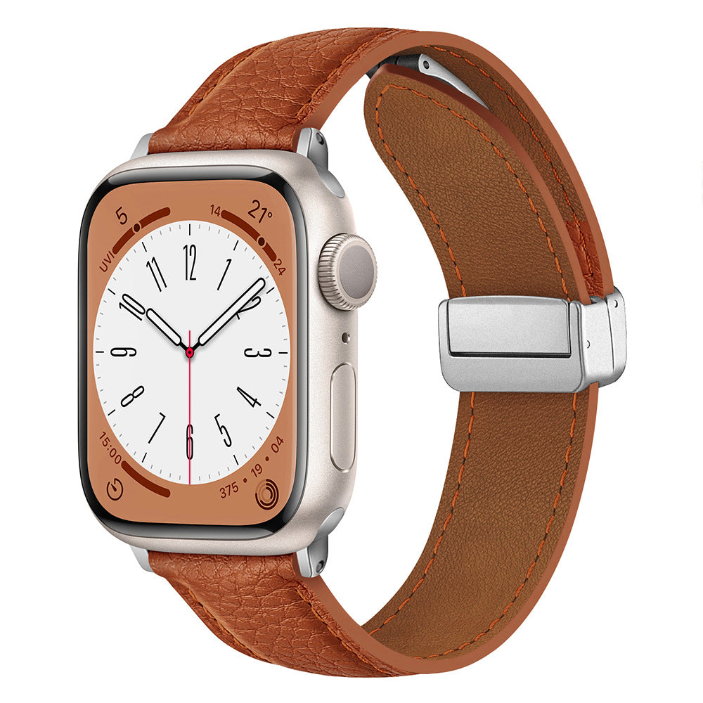 Magnetic Folding Buckle Genuine Leather Watch Strap For Apple Watch Band 38 40 41 42 44 45 49 Mm For Iwatch Se Series Ultra 8 7